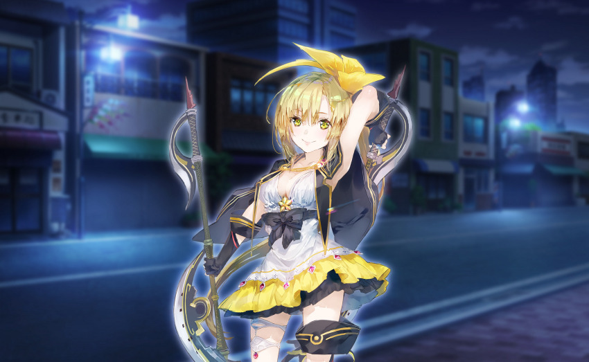 1girl aiguillette arm_behind_head armpits artist_request azalea_(flower) black_bow black_gloves black_jacket blonde_hair bow breasts building cleavage closed_mouth clothing_cutout cloud collared_jacket cowboy_shot dress eyelashes flower frilled_dress frills game_cg gloves hair_between_eyes hair_flower hair_ornament hand_on_hilt happy highres holding holding_polearm holding_weapon jacket lamppost lapels lips long_hair looking_at_viewer magia_record:_mahou_shoujo_madoka_magica_gaiden magical_girl mahou_shoujo_madoka_magica mahou_shoujo_madoka_magica_magia_exedra night night_sky notched_lapels official_art outdoors outline pink_lips polearm road shirt_slip short_dress shoulder_cutout side_ponytail sidewalk sky skyscraper sleeveless sleeveless_dress smile solo standing street thigh_strap town waist_bow weapon weapon_on_back white_dress white_outline yellow_eyes yellow_flower yellow_gemstone yusa_hazuki