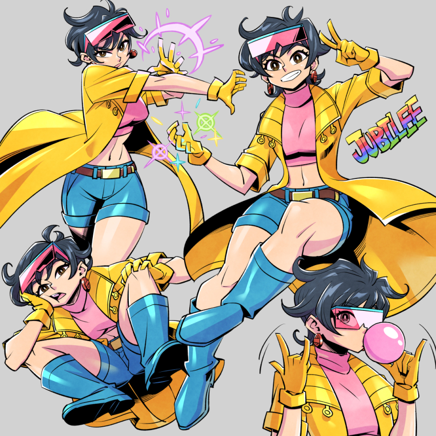 \m/ belt black_hair blowing_bubbles blue_footwear blue_pants boots brown_eyes character_name chewing_gum collared_jacket crop_top double_\m/ earrings eyewear_on_head gloves hand_on_own_cheek hand_on_own_face hand_on_own_knee jacket jewelry jubilee marvel midriff navel open_clothes open_jacket pants pink_shirt shirt shorts smile squatting stomach sunafuki_tabito sunglasses turtleneck x-men yellow_gloves yellow_jacket