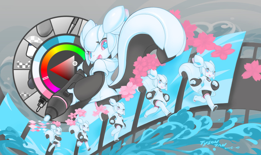 1girl 2015 absurdres animal_ears bike_shorts black_sleeves chinese_commentary colored_skin commentary english_commentary film_strip flower from_behind furry furry_female highres holding holding_stylus kde kiki_the_cyber_squirrel krita_(medium) krita_(software) leggings long_sleeves looking_at_viewer looking_back mascot multiple_views original robot running shirt signature simple_background splash_image splashing squirrel squirrel_ears squirrel_girl squirrel_tail stylus symbol_in_eye tail tyson_tan white_hair white_leggings white_shirt white_skin