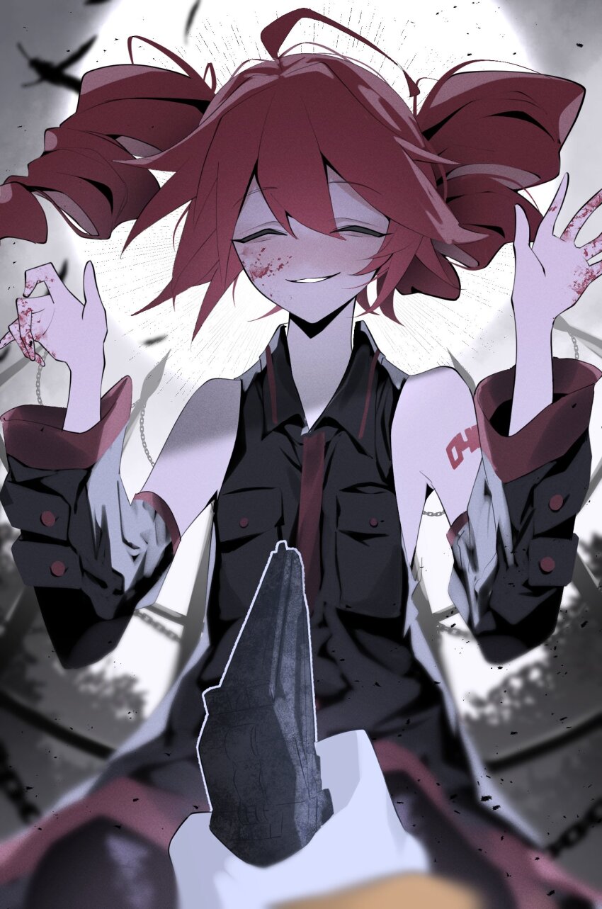 1girl at_gunpoint black_shirt black_sleeves blood blood_on_face blood_on_hands closed_eyes collared_shirt detached_sleeves drill_hair facing_viewer grin gun hair_between_eyes handgun hands_up hashtag-only_commentary highres holding holding_gun holding_weapon kasane_teto necktie pov pov_hands red_hair red_necktie shihiki shirt sleeveless sleeveless_shirt smile twin_drills twintails utau weapon