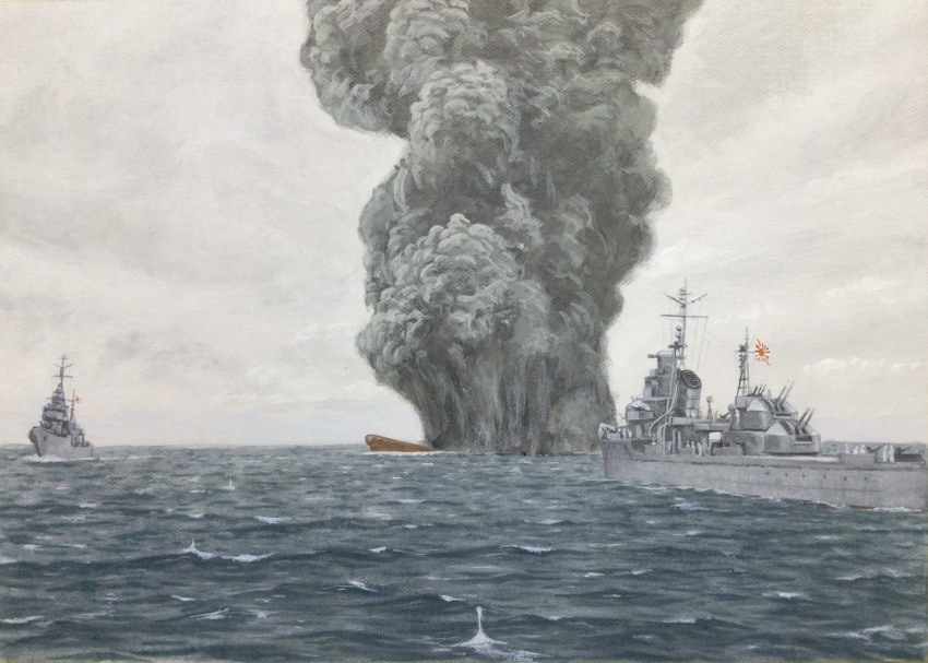acrylic_paint_(medium) akizuki_(destroyer) atelier_bono battleship cannon commentary destroyer explosion highres historical_event imperial_japanese_navy mast military_vehicle no_humans ocean operation_ten-gou original painting_(medium) scenery ship ship_turret sky smoke smokestack suzutsuki_(destroyer) traditional_media vehicle_focus warship watercraft world_war_ii wreckage yamato_(battleship) yukikaze_(destroyer)
