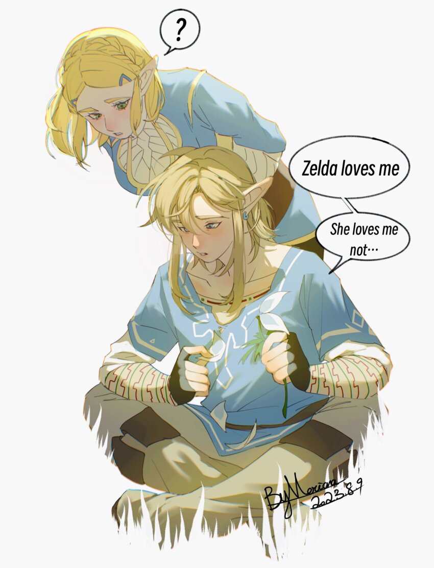 1boy 1girl behind_another blonde_hair blue_eyes blue_shirt blue_tunic boots braid brown_pants champion&#039;s_tunic_(zelda) crown_braid dated earrings english_text fingerless_gloves flower gloves green_eyes grey_pants hair_ornament hairclip highres holding holding_flower indian_style jewelry knee_boots leaning_forward link looking_down merianaka nintendo pants parted_bangs plucking_petals pointy_ears princess_zelda shirt signature simple_background sitting speech_bubble the_legend_of_zelda the_legend_of_zelda:_tears_of_the_kingdom tunic