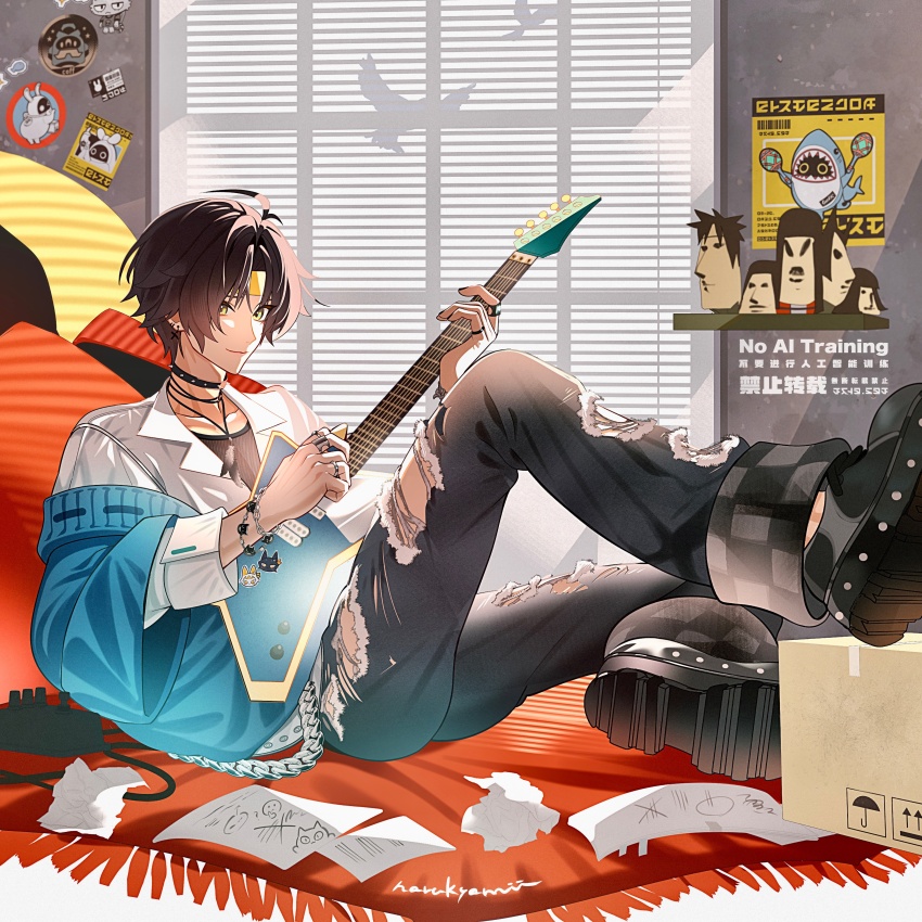 1boy absurdres asaba_harumasa bird black_hair black_nails black_shirt black_shoes blue_sweater box bracelet cardboard_box chain collar earrings electric_guitar figure guitar headband highres holding holding_guitar holding_instrument holding_plectrum indoors instrument jewelry leaning_on_object looking_at_viewer multiple_rings music naru9 necklace off-shoulder_sweater off_shoulder pants paper pillow playing_instrument plectrum poster_(object) red_carpet ring shelf shirt shoes short_hair sitting smile solo spiked_collar spikes sweater torn_clothes torn_pants white_shirt window yellow_headband zenless_zone_zero