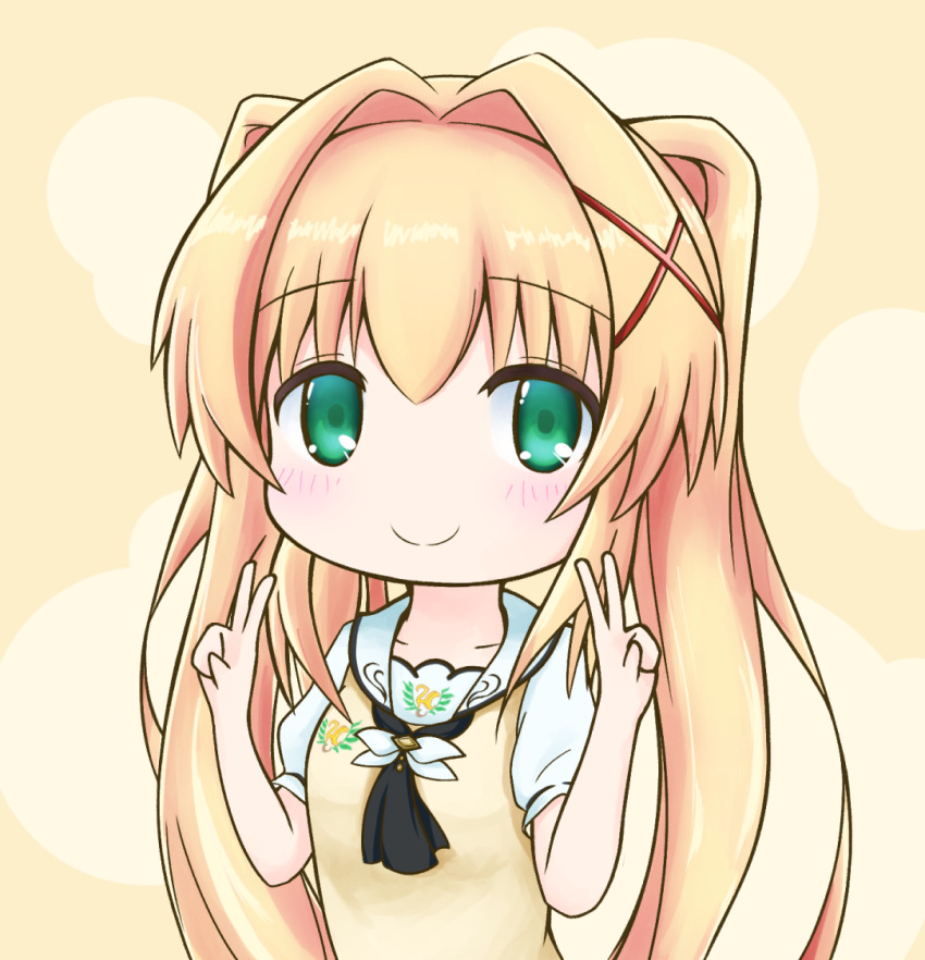 1girl ascot black_ascot blonde_hair blush c: chibi chibi_only closed_mouth commentary_request double_v eyes_visible_through_hair green_eyes hair_between_eyes hair_intakes hair_ornament hands_up happy long_hair looking_at_viewer puffy_short_sleeves puffy_sleeves sailor_collar school_uniform serafuku short_sleeves sidelocks simple_background smile solo split_mouth summer_pockets summer_pockets_school_uniform sweater_vest tareme tsumugi_wenders twintails upper_body v very_long_hair white_sailor_collar x_hair_ornament yakatsu yellow_background yellow_sweater_vest
