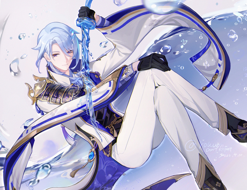 1boy absurdres arm_guards arm_up armor artist_name black_gloves blue_hair closed_mouth collared_jacket commentary_request crossed_legs dated feet_out_of_frame flower_knot genshin_impact gloves gold_trim hair_between_eyes hair_over_shoulder half_gloves high_collar highres holding holding_sword holding_weapon jacket japanese_armor japanese_clothes kamisato_ayato kimono lapels light_smile liquid_weapon long_sleeves looking_at_viewer male_focus medium_hair mole mole_under_mouth open_clothes open_jacket pants parted_bangs purple_eyes ribbon-trimmed_sleeves ribbon_trim rokuon shoulder_armor sidelocks simple_background smile sode solo swept_bangs sword sword_in_front_of_face tassel teeth twitter_username two-tone_background vest vision_(genshin_impact) waistcoat water water_drop watermark weapon white_jacket white_pants wide_sleeves