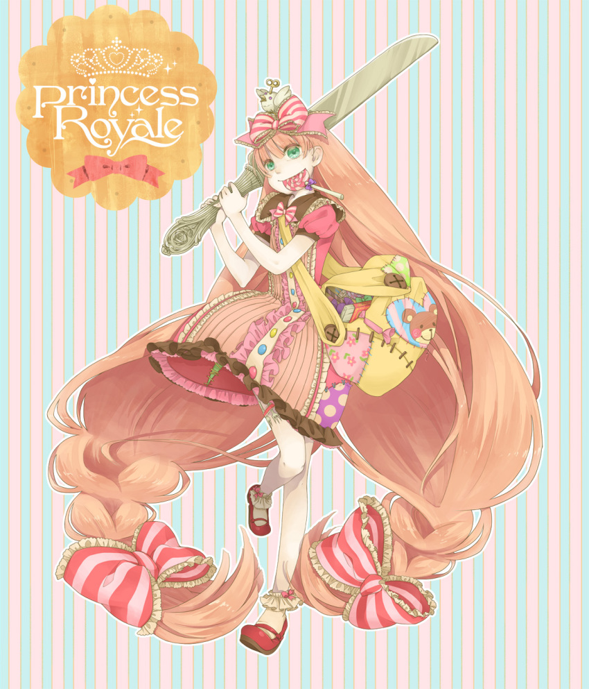 1girl absurdly_long_hair bad_id bad_pixiv_id bow brown_hair candy copyright_name female_focus food food_in_mouth fork full_body gretel_(hansel_and_gretel) hair_bow hair_ribbon hansel_and_gretel highres knife lollipop long_hair low-tied_long_hair maerchen_noir original princess_royale red_shoes ribbon shoes solo striped_background thigh_strap vertical_stripes very_long_hair white_legwear wind-up_bird