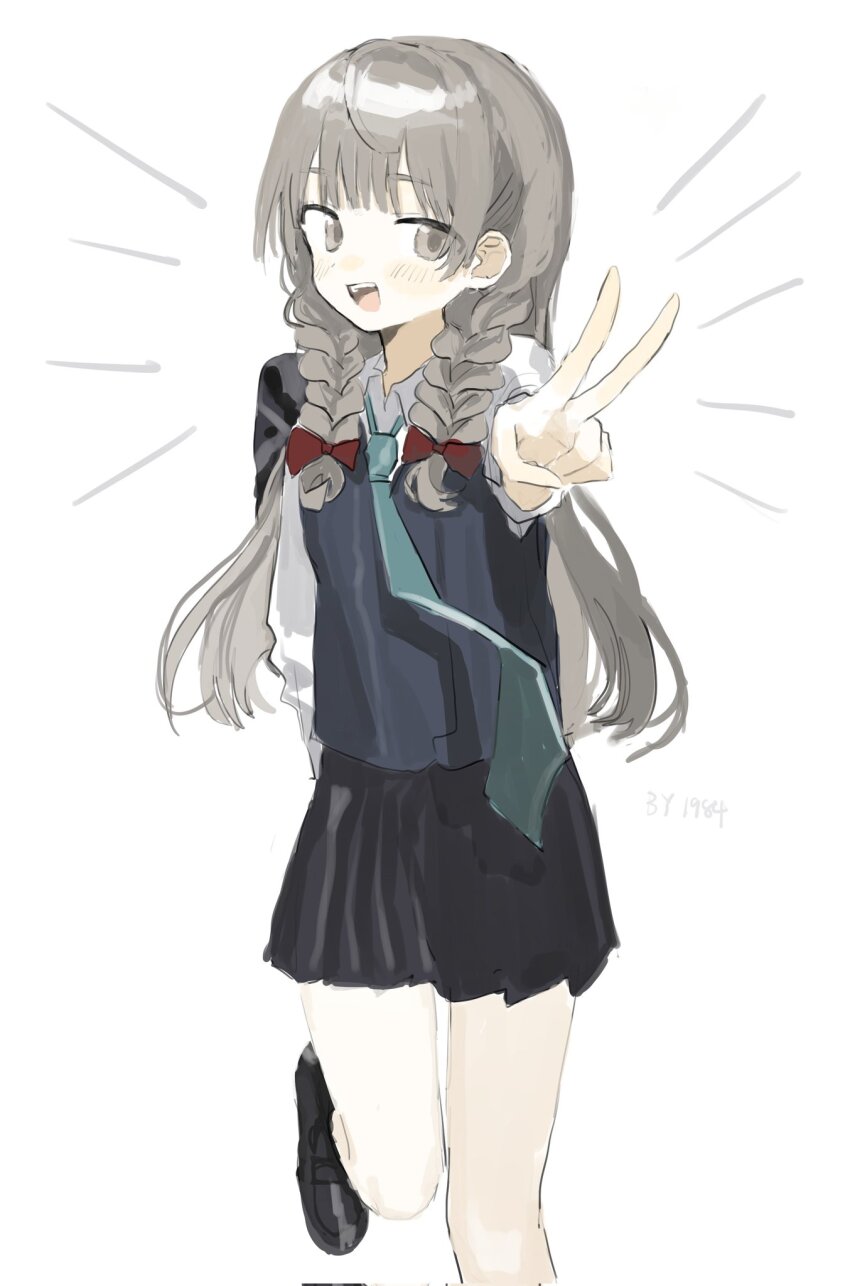 1984_(cw1000110) 1girl bow braid brown_eyes brown_hair commentary hair_bow hashtag-only_commentary highres imasara_desu_ga_osananajimi_wo_suki_ni_natte_shimaimashita long_hair long_sleeves looking_at_viewer necktie open_mouth shirasaka_hikari side_braids skirt smile solo standing standing_on_one_leg sweater_vest v