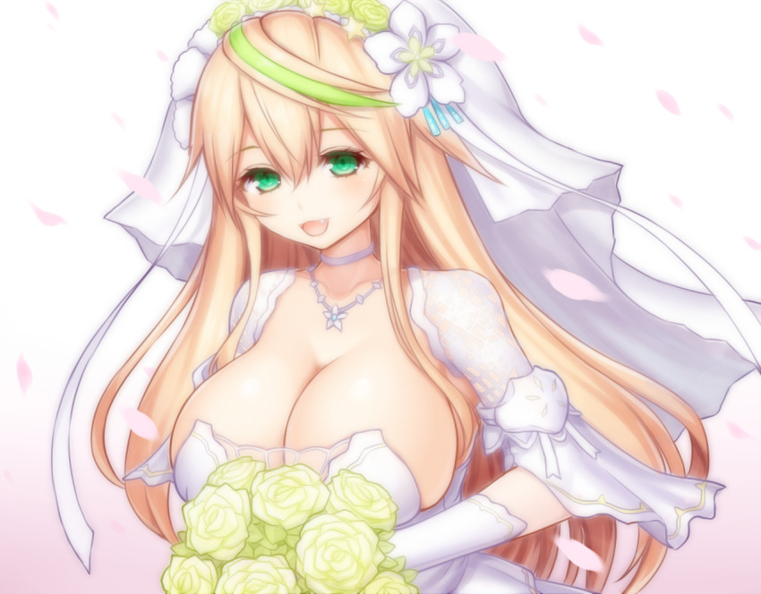 1girl aqua_eyes asamura_hiori blonde_hair bouquet breasts bridal_veil bride cleavage dress elbow_gloves fang flower gene_(pso2) gloves green_hair hair_between_eyes hair_flower hair_ornament holding holding_bouquet large_breasts long_hair looking_at_viewer multicolored_hair phantasy_star phantasy_star_online_2 rose smile solo strapless strapless_dress streaked_hair two-tone_hair veil wedding wedding_dress white_dress white_flower white_gloves white_rose