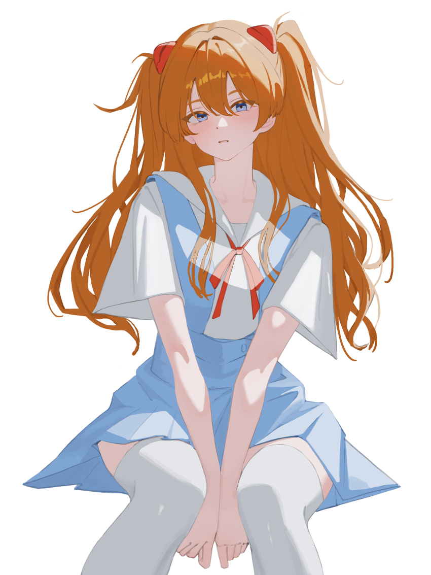 1girl artist_request blue_eyes bow brown_hair highres invisible_chair long_hair neon_genesis_evangelion red_bow school_uniform simple_background sitting skirt solo souryuu_asuka_langley suspender_skirt suspenders thighhighs tokyo-3_middle_school_uniform white_sleeves white_thighhighs