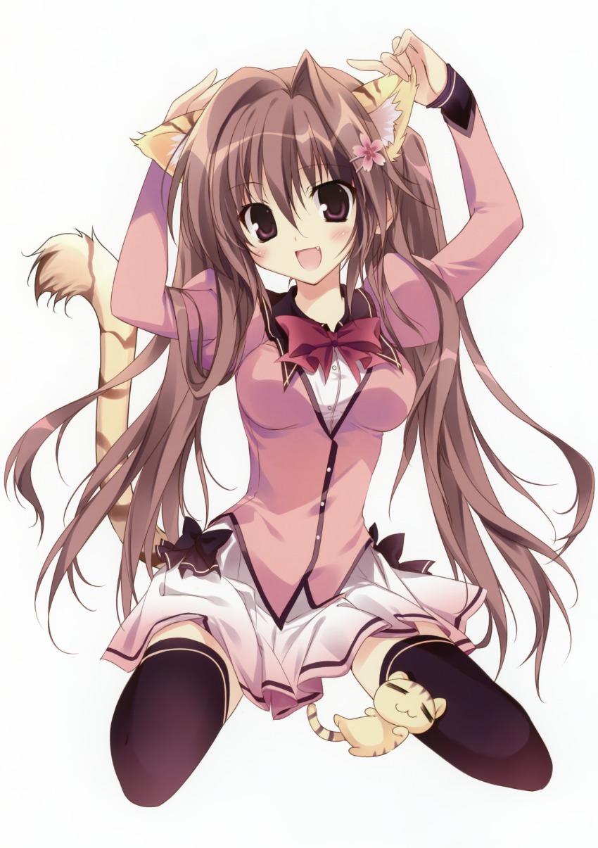 1girl :3 :d absurdres animal_ears black_thighhighs breasts brown_hair chibi closed_eyes comic_toranoana fang female_focus full_body hair_intakes highres karory kneeling kotora_(toranoana) long_sleeves looking_at_viewer open_mouth purple_eyes school_uniform seiza simple_background sitting skirt smile solo tail thighhighs tiger tiger_ears tiger_tail twintails white_background