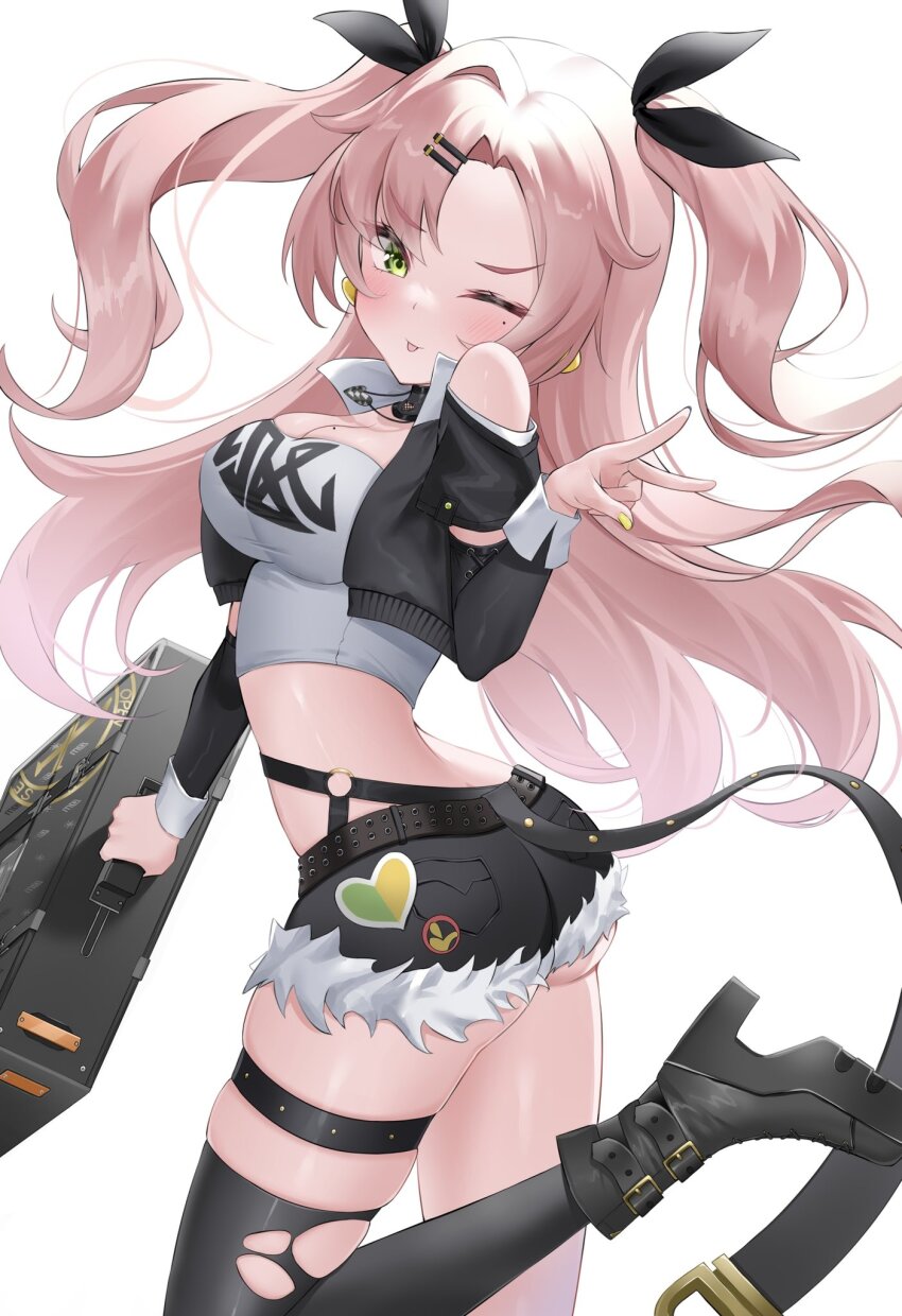 1girl ;p =_hair_ornament ass bag belt black_belt black_boots black_ribbon black_shorts black_thighhighs blush boots breasts cleavage closed_mouth commentary denim denim_shorts floating_hair foot_out_of_frame from_side fur-trimmed_shorts fur_trim green_eyes hair_ornament hair_ribbon hairclip hand_up happy highres holding holding_bag long_hair looking_at_viewer medium_breasts midriff mole mole_on_breast mole_under_eye nail_polish nicole_demara one_eye_closed open_mouth pink_hair ribbon shorts simple_background single_hair_intake single_thighhigh skindentation smile solo standing standing_on_one_leg thigh_strap thighhighs thighs tongue tongue_out torn_clothes torn_thighhighs two_side_up v v-shaped_eyebrows very_long_hair wfa5051 white_background yellow_nails zenless_zone_zero