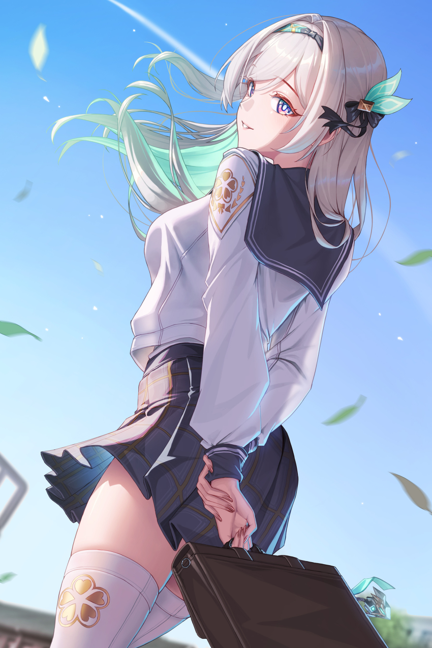 1girl absurdres bag black_sailor_collar black_skirt bowlp brown_bag commentary falling_leaves firefly_(honkai:_star_rail) firefly_(spring_missive)_(honkai:_star_rail) from_behind grey_hair hair_intakes highres holding holding_bag honkai:_star_rail honkai_(series) leaf long_hair long_sleeves looking_at_viewer looking_back outdoors plaid_clothes plaid_skirt pleated_skirt purple_eyes sailor_collar shirt skirt smile solo thighhighs thighs white_shirt white_thighhighs