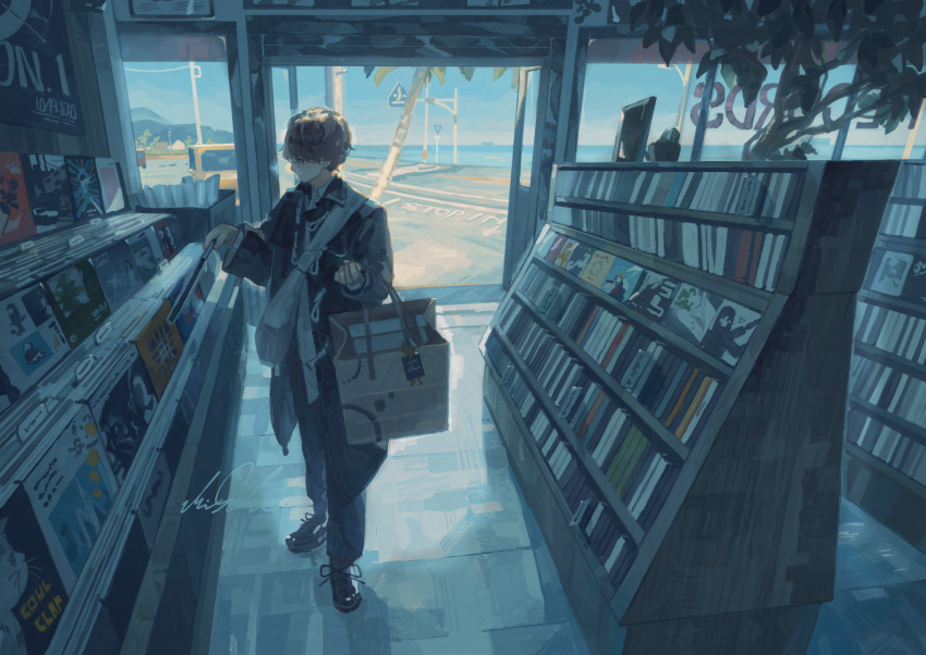 1boy bag black_coat black_footwear black_pants brown_hair coat day earbuds earphones glasses hands_up highres indoors laces looking_ahead looking_at_object ocean original pants road scenery shigre shirt shop shopping_bag short_hair shoulder_bag sign signature slice_of_life solo street tagme white_shirt wide_shot