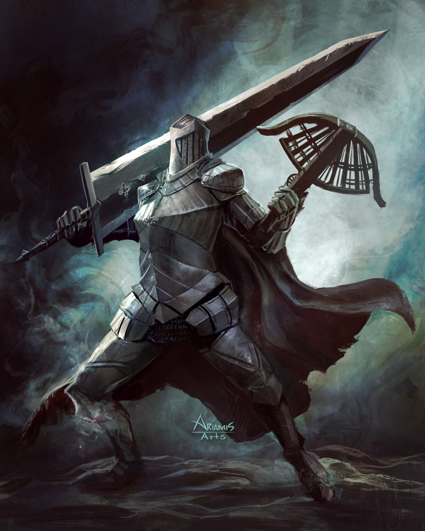 1other ambiguous_gender armor artist_request black_armor black_cape blackgaol_knight bow_(weapon) breastplate cape commentary_request crossbow elden_ring elden_ring:_shadow_of_the_erdtree full_armor gauntlets gradient_background greatsword grey_background helm helmet highres holding holding_crossbow holding_sword holding_weapon long_sleeves non-web_source over_shoulder repeating_crossbow signature sword sword_over_shoulder weapon weapon_over_shoulder