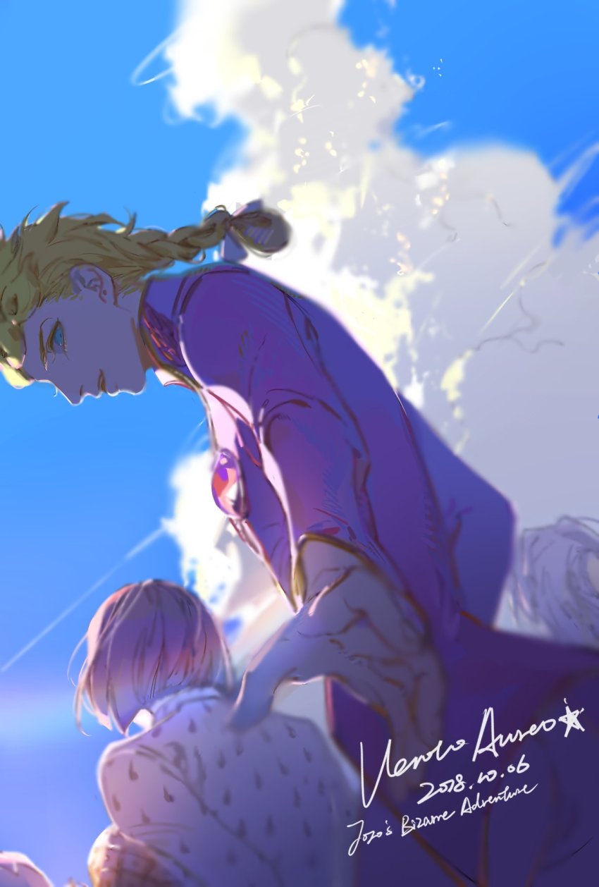 blonde_hair blue_eyes blurry bob_cut braid bruno_bucciarati cameo colored_eyelashes depth_of_field eyelashes giorno_giovanna gold_experience guido_mista hair_ribbon highres jojo_no_kimyou_na_bouken leone_abbacchio male_focus mitus ribbon sky solo_focus vento_aureo