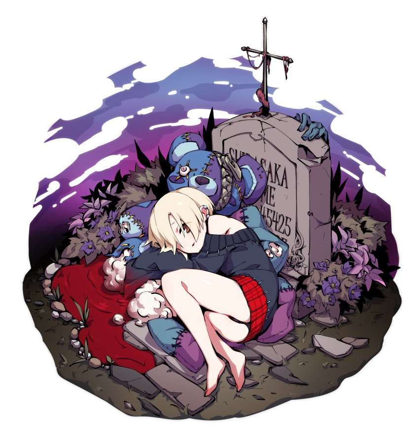 10s 1girl absurdres ass bad_id bad_twitter_id bags_under_eyes bare_legs barefoot black_panties blonde_hair commentary_request ear_piercing earrings female_focus grave graveyard hair_over_one_eye highres hood hoodie idolmaster idolmaster_cinderella_girls jewelry kaki_gohri long_sleeves looking_at_viewer lying on_side open_mouth panties piercing red_eyes shirasaka_koume short_hair sleeves_past_wrists solo stuffed_animal stuffed_toy teddy_bear tombstone underwear