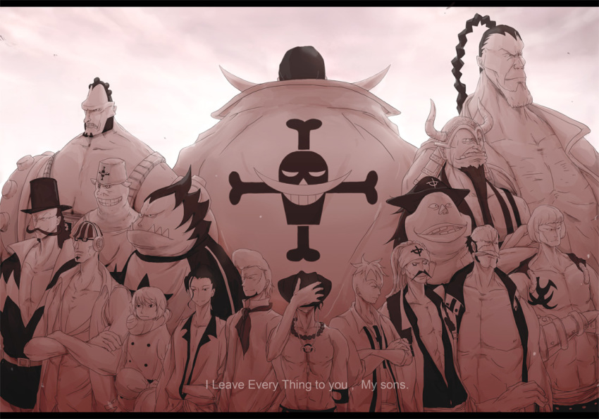 6+boys atmos_(one_piece) blamenco blenheim curiel_(one_piece) edward_newgate flower_sword_vista fossa_(one_piece) haruta_(one_piece) hat izou_(one_piece) jolly_roger jozu_(one_piece) kingdew male_focus marco_(one_piece) monochrome multiple_boys namur_(one_piece) one_piece pirate portgas_d._ace rakuyou_(one_piece) speed_jiru thatch_(one_piece)