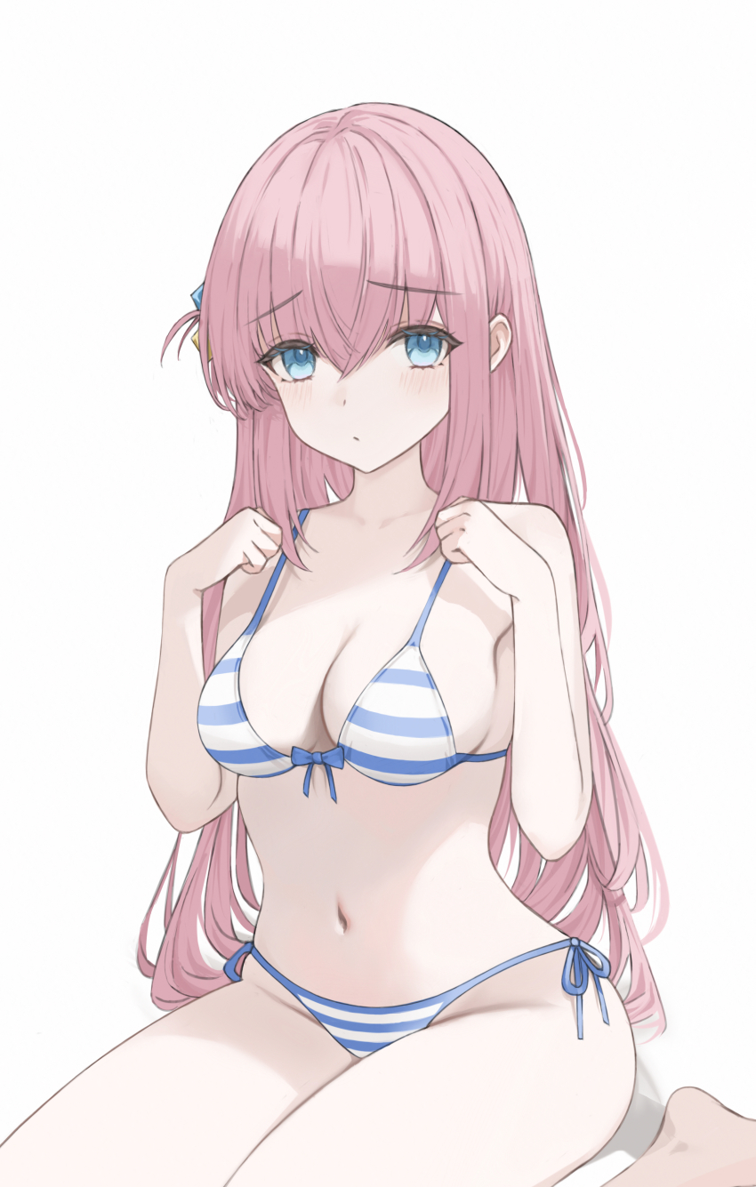 1girl absurdres bare_shoulders bikini blue_bikini blue_bow blue_eyes bocchi_the_rock! bow breasts closed_mouth collarbone commentary cube_hair_ornament english_commentary gotoh_hitori hair_between_eyes hair_ornament highres large_breasts long_hair looking_at_viewer multicolored_bikini navel one_side_up pink_hair rainer7278 simple_background solo stomach striped_bikini striped_clothes swimsuit thighs two-tone_bikini white_background white_bikini