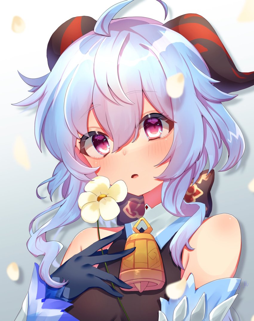 ahoge bare_shoulders bell black_gloves blue_hair blush bow bowtie detached_sleeves flower ganyu_(genshin_impact) genshin_impact gloves highres holding holding_flower horns looking_at_viewer makalo_ni_hakase neck_bell open_mouth petals purple_eyes sidelocks solo white_sleeves