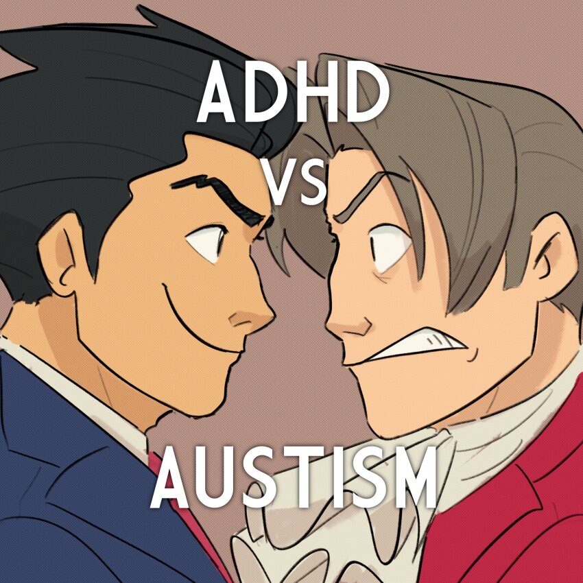 2boys ace_attorney ascot black_hair brown_background brown_hair clenched_teeth closed_mouth commentary english_commentary english_text eye_contact face-to-face faceoff from_side highres looking_at_another male_focus meme miles_edgeworth multiple_boys phoenix_wright profile short_hair simple_background smile stellalights teeth typo upper_body