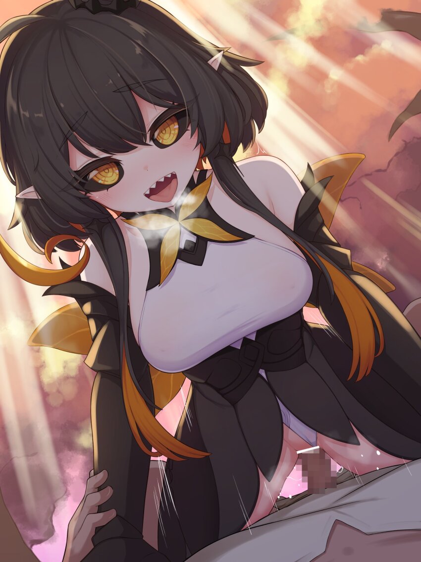 1boy 1girl ahoge arthropod_girl bare_shoulders bee_girl bee_wings black_hair black_sclera borrowed_character breasts censored chrom_(ac8231) colored_sclera commission elbow_gloves girl_on_top gloves heavy_breathing hetero highres insect_girl insect_wings large_breasts leotard looking_at_viewer monster_girl mosaic_censoring multicolored_hair open_mouth orange_eyes orange_hair original outdoors penis pointy_ears protected_link second-party_source sharp_teeth sidelocks skeb_commission solo_focus teeth tongue tongue_out twin-7646 white_leotard wings