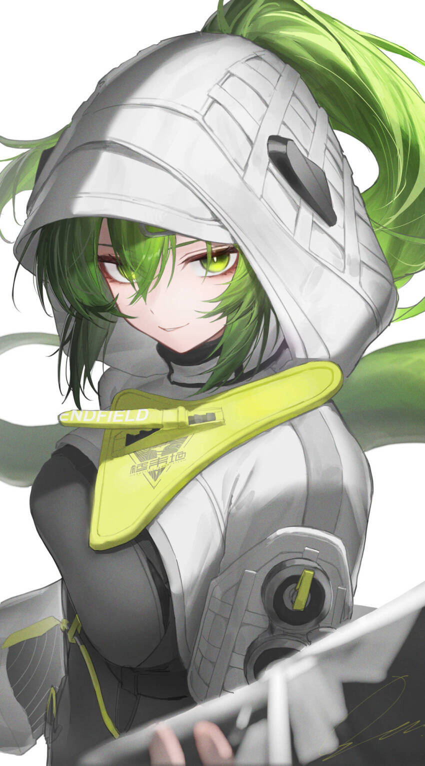 1girl arknights arknights:_endfield black_bodysuit bodysuit commentary fluorite_(arknights) green_eyes grey_hair highres hood hood_up hooded_jacket jacket long_hair looking_at_viewer looking_to_the_side ozeu0916 simple_background smile solo upper_body white_background white_jacket