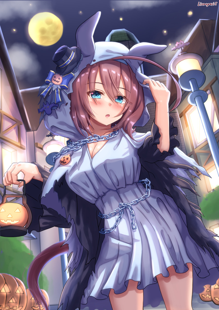 1girl absurdres ahoge animal_ears blue_eyes blush breasts brown_hair chain cleavage commentary_request cowboy_shot dress hair_between_eyes highres hood horse_ears horse_girl horse_tail jack-o&#039;-lantern lamppost large_breasts looking_at_viewer mihono_bourbon_(ghosty_and_the_magic_of_halloween)_(umamusume) mihono_bourbon_(umamusume) moon night night_sky official_alternate_costume open_mouth outdoors rio_(lio_yuzu) sky solo star_(sky) starry_sky tail tilted_headwear umamusume white_dress