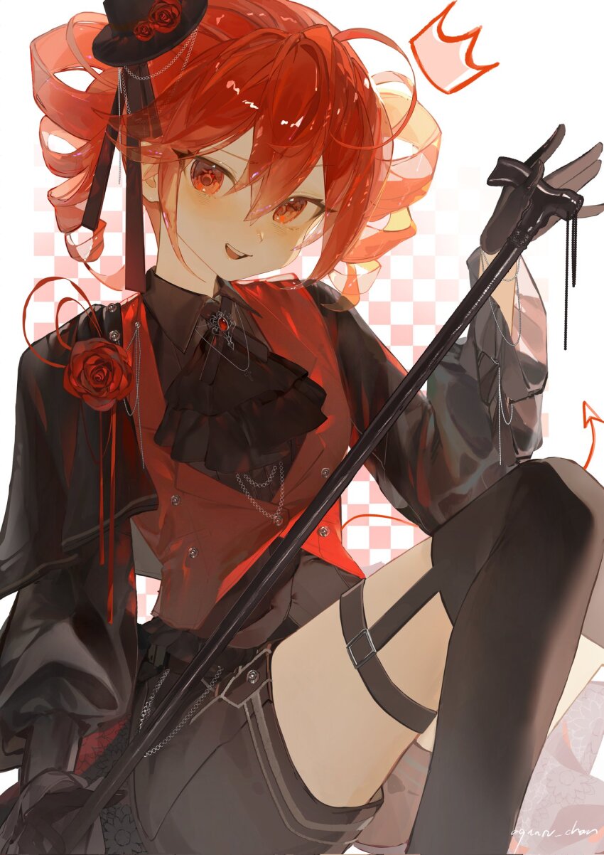 1girl agaaru_chan ahoge artist_name ascot black_ascot black_gloves black_pants blush cane drawn_crown drill_hair flower gem gloves hair_between_eyes hat highres holding holding_cane kasane_teto long_sleeves mini_hat open_mouth ouji_fashion pants red_flower red_gemstone red_hair red_rose red_vest rose shorts sidelocks sitting solo teeth tongue translucent_hair twin_drills upper_teeth_only utau vest white_hair
