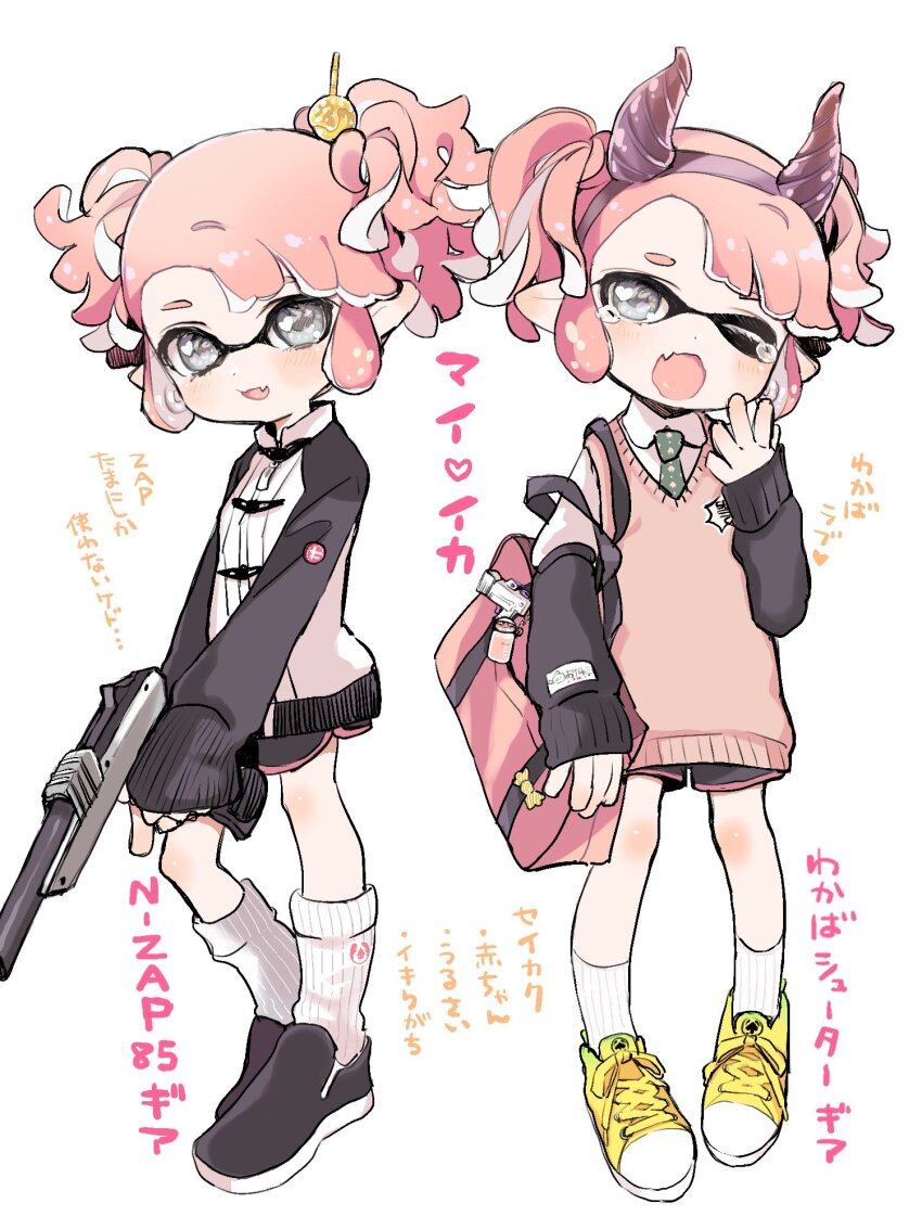 1girl amezawa_koma bag bag_charm black_arm_warmers black_shoes black_shorts black_sleeves charm_(object) collared_shirt commentary_request dolphin_shorts fake_horns fang full_body green_necktie grey_eyes hairband hand_up heart heart_in_eye highres holding holding_weapon horn_hairband horns ink_tank_(splatoon) inkling inkling_girl inkling_player_character jacket long_sleeves looking_at_viewer multiple_views n-zap_(splatoon) necktie nintendo one_eye_closed open_mouth pink_bag pink_hair pointy_ears purple_hairband purple_horns school_bag shirt shoes short_hair short_twintails shorts shoulder_bag sidelocks skin_fang smile sneakers socks splatoon_(series) splattershot_jr._(splatoon) standing sweater_vest swept_bangs symbol_in_eye takoyaki_hair_ornament tearing_up tentacle_hair translation_request twintails weapon white_background white_jacket white_shirt white_socks yawning yellow_shoes yellow_sweater_vest