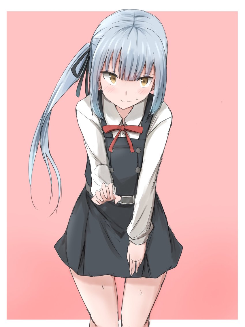 1girl absurdres belt brown_eyes dress grey_hair highres kamaboko_senshi kantai_collection kasumi_(kancolle) kasumi_kai_ni_(kancolle) leaning_forward long_hair long_sleeves looking_at_viewer neck_ribbon pinafore_dress pink_background red_ribbon ribbon shirt side_ponytail sleeveless_dress solo white_shirt