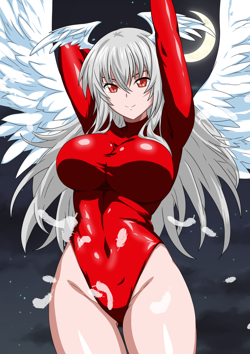 1girl absurdres angel_wings arms_behind_head arms_up athletic_leotard breasts commentary_request commission covered_navel crescent_moon feathered_wings final_fantasy final_fantasy_tactics head_wings highleg highleg_leotard highres large_breasts leotard long_sleeves moon night red_eyes red_leotard skeb_commission solo ultima_(fft) white_hair wings yuuyuu_(3jjbn)