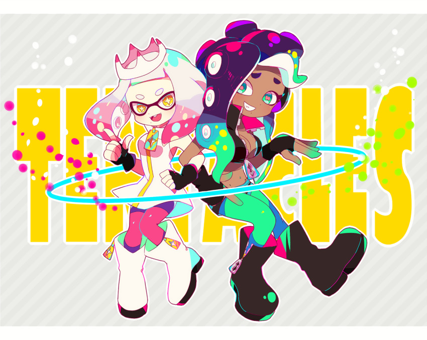 2girls aqua_eyes aqua_hair aqua_pantyhose black_footwear black_gloves black_shirt black_shorts blunt_bangs boots breasts cephalopod_eyes cleavage colored_extremities commentary_request crop_top cross-shaped_pupils crown dark-skinned_female dark_skin dress fingerless_gloves full_body furrowed_brow gloves grin hand_on_own_hip hand_up headphones horizontal_pupils index_finger_raised inkling large_breasts locked_arms long_hair marina_(off_the_hook_outfit)_(splatoon) marina_(splatoon) medium_hair midriff mole mole_under_mouth multicolored_hair multiple_girls navel_piercing nintendo octoling open_mouth pantyhose pantyhose_under_shorts parted_bangs pearl_(off_the_hook_outfit)_(splatoon) pearl_(splatoon) piercing pink_hair pink_pantyhose pink_pupils purple_hair shirt short_bangs shorts sleeveless sleeveless_dress smile splatoon_(series) splatoon_2 symbol-shaped_pupils tilted_headwear two-tone_hair white_crown white_dress white_footwear white_hair whitedays yellow_eyes zipper zipper_pull_tab