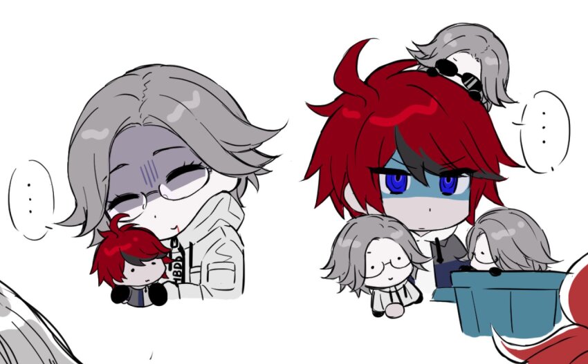 ahoge aotsuki_eito black_hair bleeding_from_mouth blood blood_from_mouth blue_eyes chibi chopsticks closed_mouth glasses grey_hair holding holding_chibi holding_chopsticks messy_hair multicolored_hair red_hair smile speech_bubble sumino_takumi sunglasses the_hundred_line_-last_defense_academy- trash_can