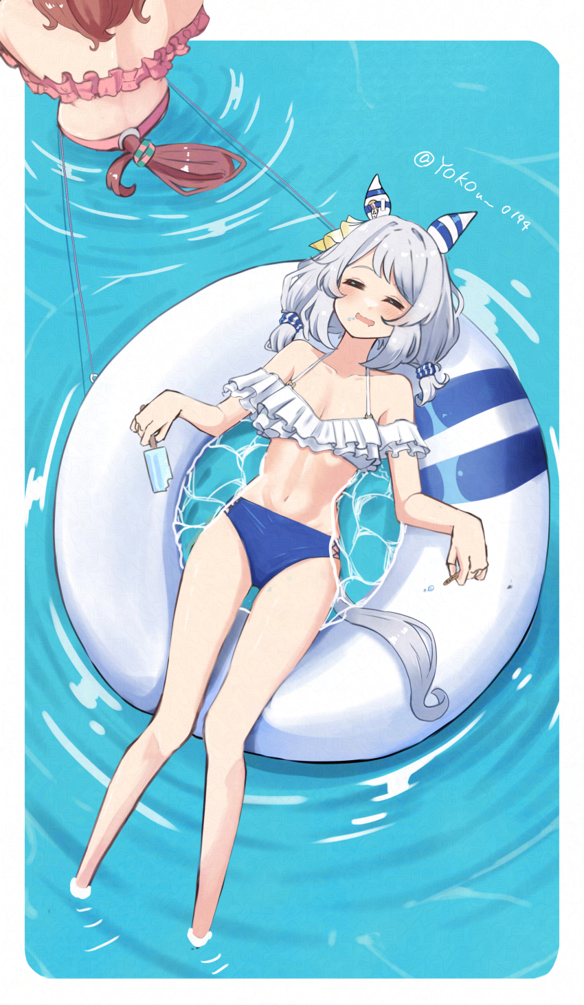 2girls =_= absurdres animal_ears bikini breasts brown_hair cleavage closed_mouth collarbone dantsu_flame_(umamusume) grey_hair highres hishi_miracle_(umamusume) horse_ears horse_girl horse_tail innertube medium_breasts multiple_girls navel rbxlaifjzlilxep swim_ring swimsuit tail twitter_username umamusume water