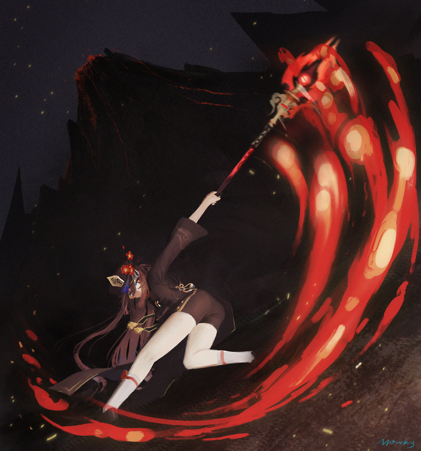1girl ass bent_over black_background black_shorts brown_hair chinese_clothes commentary covered_mouth fighting fire flower from_behind genshin_impact hair_between_eyes hat hat_flower hat_ornament highres holding holding_polearm holding_weapon hu_tao_(genshin_impact) kneeling long_hair long_sleeves monky polearm red_eyes short_shorts shorts sidelocks simple_background socks solo spear staff_of_homa_(genshin_impact) standing standing_on_one_leg symbol-shaped_pupils twintails twisted_torso weapon white_socks