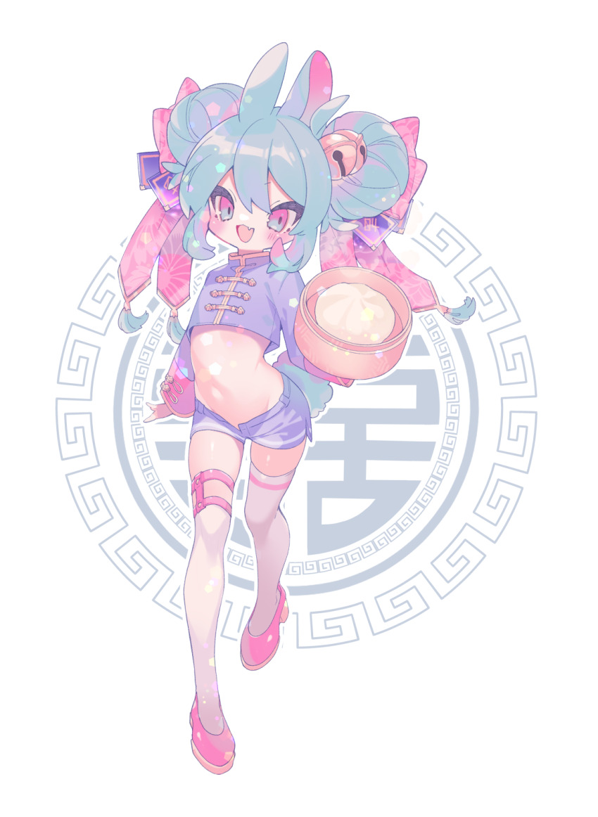 1girl animal_ears aqua_hair bell blush bowl chinese_clothes commentary cropped_jacket double_happiness fang food full_body hair_bell hair_ornament hair_ribbon high_heels highres holding holding_bowl jacket jingle_bell loli long_sleeves meandros navel open_mouth original ozureiji pink_eyes pink_ribbon pink_shoes purple_jacket purple_shorts rabbit_ears rabbit_girl ribbon shoes short_hair shorts skin_fang smile solo steamed_bun symbol-only_commentary tassel thighhighs tsurime white_thighhighs