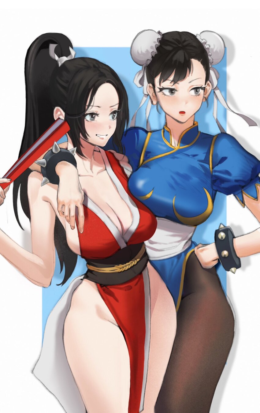 2girls arm_around_shoulder bare_legs bracelet breasts bun_cover capcom china_dress chinese_clothes chun-li cleavage cowboy_shot crossover double_bun dress fatal_fury female_focus bad_tag bad_tag hair_bun hand_fan highres holding holding_fan jewelry large_breasts long_hair multiple_girls ninja no_bra pantyhose pelvic_curtain ponytail promotional_art revealing_clothes rope sawolapril shiranui_mai sideboob smile snk spiked_bracelet spikes standing street_fighter street_fighter_6 trait_connection two-tone_background