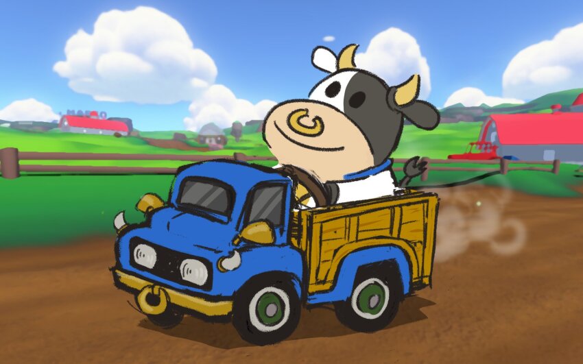animal animal_ears artist_request cloud commentary concept_art cow cow_horns cow_tail english_commentary face_piercing farm go-kart highres horns mario_(series) mario_kart mario_kart_world moo_moo_(mario) nintendo no_humans nose_piercing nose_ring official_art piercing smile solo tail