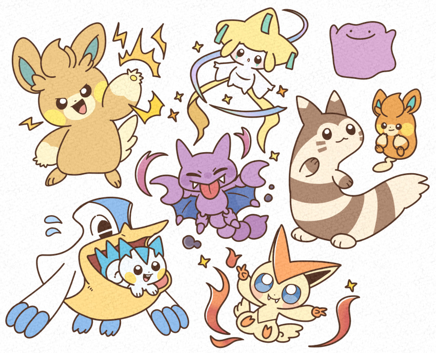 1other :3 chibi closed_eyes ditto double_v fangs flying full_body furret gen_1_pokemon gen_2_pokemon gen_3_pokemon gen_4_pokemon gen_5_pokemon gligar highres jirachi legendary_pokemon mottazaurs mythical_pokemon nintendo pachirisu pawmi pawmo pelipper pokemon pokemon_(creature) simple_background sparkle tongue tongue_out v victini white_background