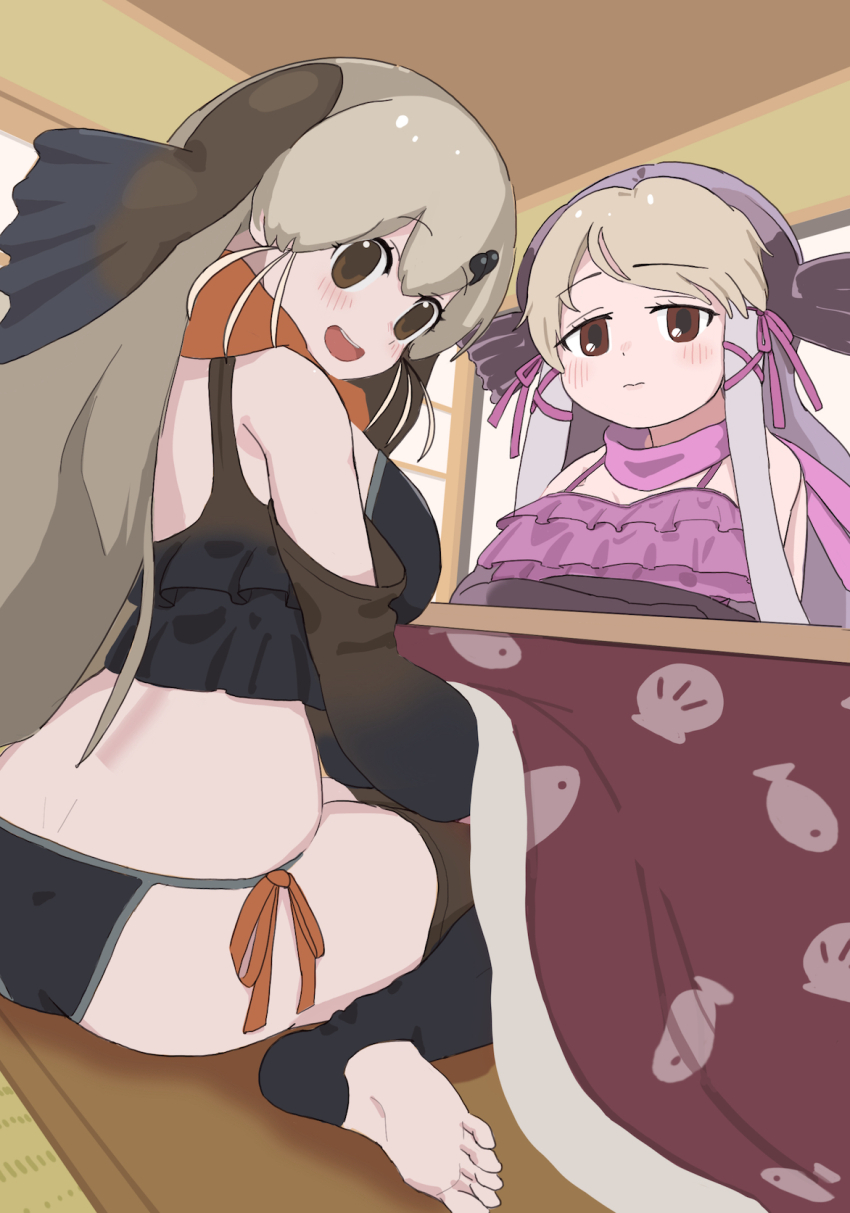 2girls bare_shoulders brown_eyes brown_hair elbow_gloves fins gloves grey_hair head_fins highres indoors kemono_friends kotatsu kunikuni_(kunihiro2005) long_hair looking_at_viewer looking_back multicolored_hair multiple_girls purple_hair ribbon scarf steller&#039;s_sea_lion_(kemono_friends) swimsuit table thighhighs walrus_(kemono_friends)