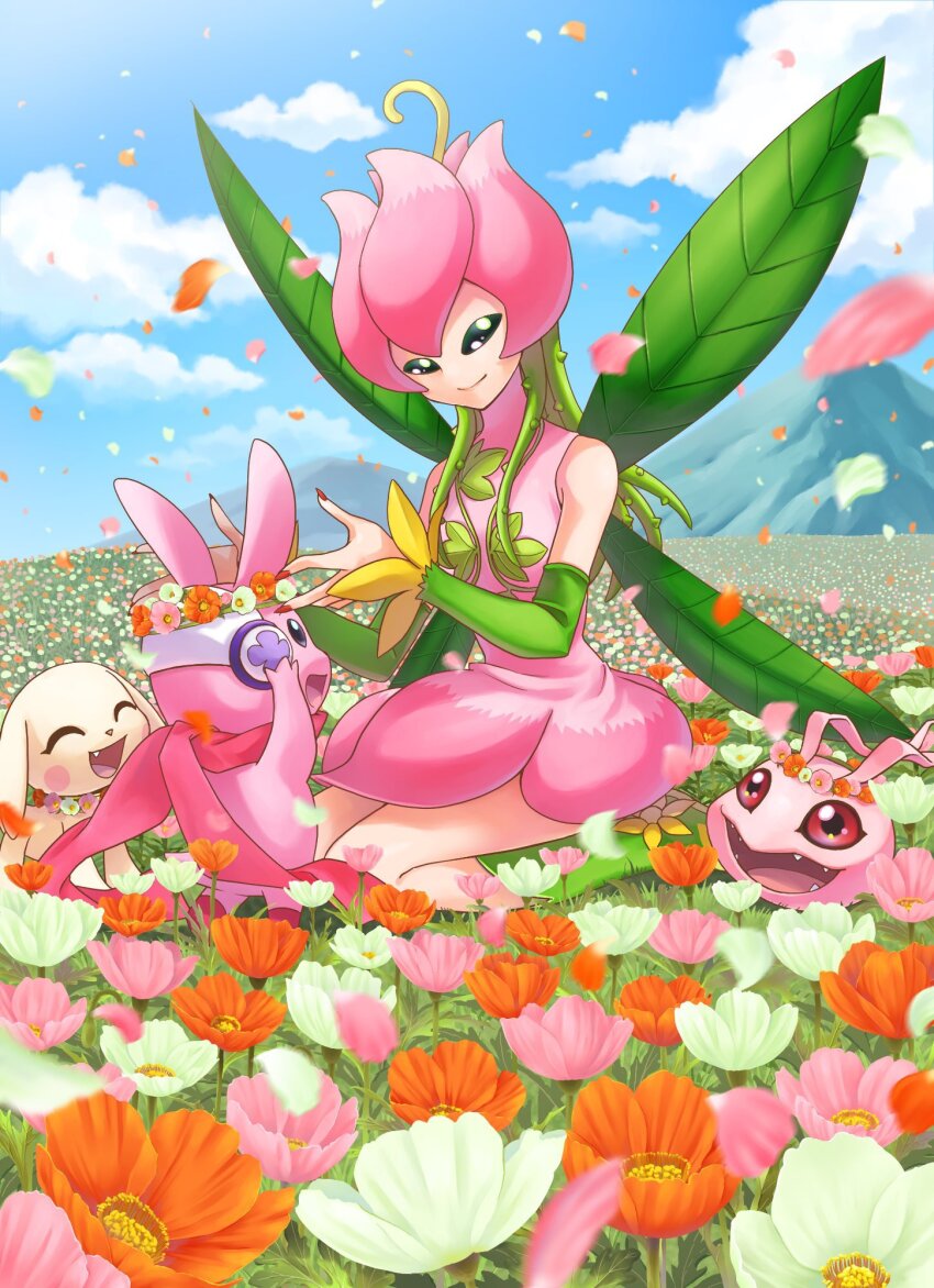 1girl 3others blue_sky closed_eyes cloud cutemon day detached_sleeves digimon digimon_(creature) dress fairy falling_petals flower flower_wreath green_sleeves hair_vines head_wreath headphones highres kneeling koromon leaf_wings lilimon monster_girl multiple_others nail_polish open_mouth orange_flower outdoors petals pink_dress pink_flower plant_girl plotmon red_eyes sky smile white_flower yukari_(yukari21653710)