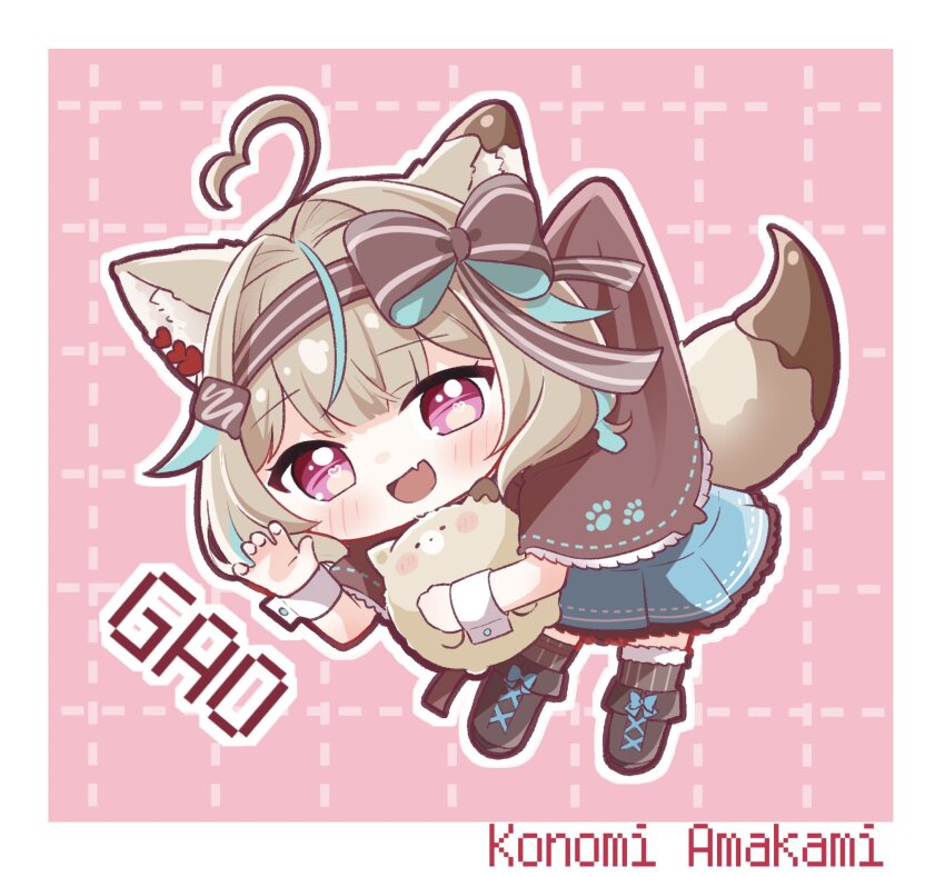 1girl :d ahoge amakami_konomi animal animal_ears aqua_hair black_boots black_bow black_headband black_socks blue_dress blush boots border bow bow_headband brown_capelet brown_hair capelet character_name chibi claw_pose commentary_request dotted_line dress fang frilled_dress frills gao grid_background hair_bow headband heart heart_ahoge heart_ear_ornament highres holding holding_animal kiryu_(sora_no_iroto) lace-up_boots long_hair looking_at_viewer million_production multicolored_hair open_mouth outline pink_background pink_eyes pinstripe_socks pixel_text skin_fang smile socks solo streaked_hair tail virtual_youtuber white_border white_outline wolf_ears wolf_girl wolf_tail