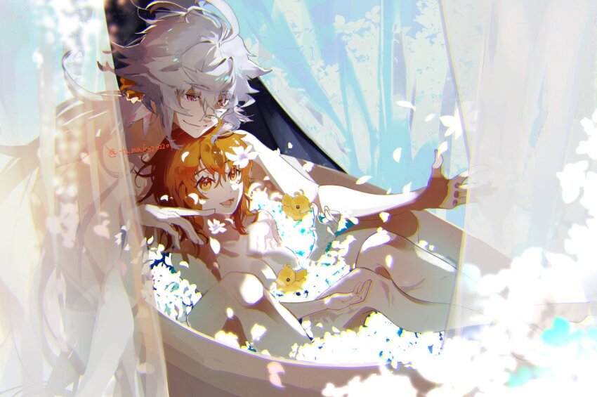 1boy 1girl ahoge bath breasts fate/grand_order fate_(series) flower fujimaru_ritsuka_(female) hanako_(onikutabetaiyo) hetero long_hair medium_breasts merlin_(fate) nude orange_eyes orange_hair petals rubber_duck short_hair twitter_username water white_flower white_hair