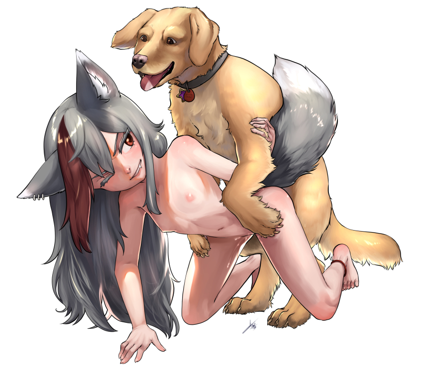 1boy 1girl absurdres all_fours anal animal_ears anklet aogami bestiality cat_ears cat_girl cat_tail dog doggystyle ear_piercing earrings fang flat_chest grey_hair grin highres jewelry loli looking_at_another looking_back mi-maki nude one_eye_closed original piercing red_eyes sex sex_from_behind smile tail wolf_ears wolf_girl wolf_tail