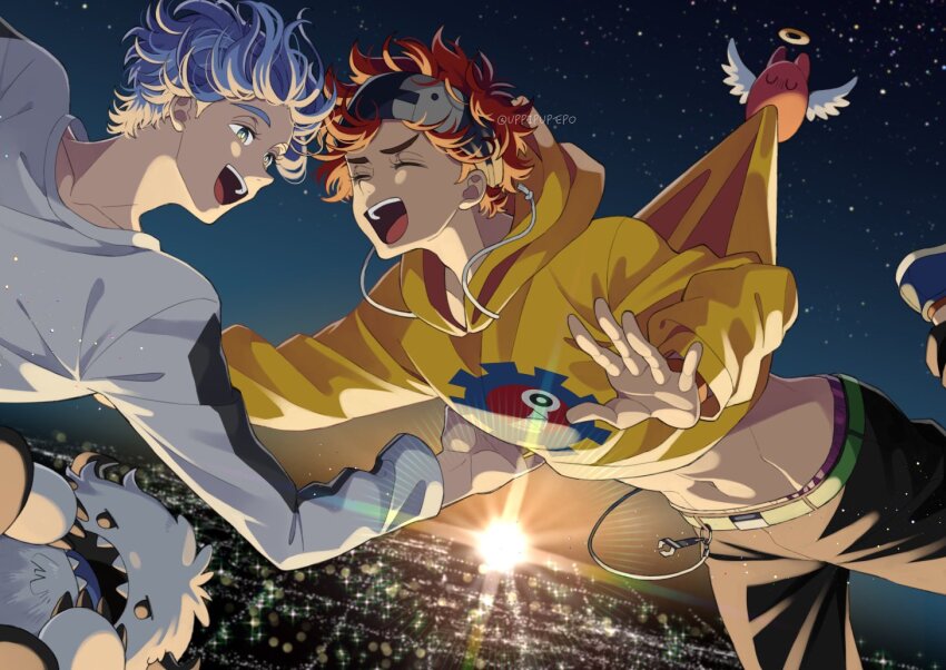 2boys aqua_eyes black_pants blue_hair closed_eyes hasegawa_langa headband hood hoodie kyan_reki male_focus male_underwear midriff multiple_boys navel open_mouth pants purple_male_underwear red_hair shirt short_hair sk8_the_infinity smile stomach underwear upper_body uppi white_shirt yellow_hoodie yeti_(creature)