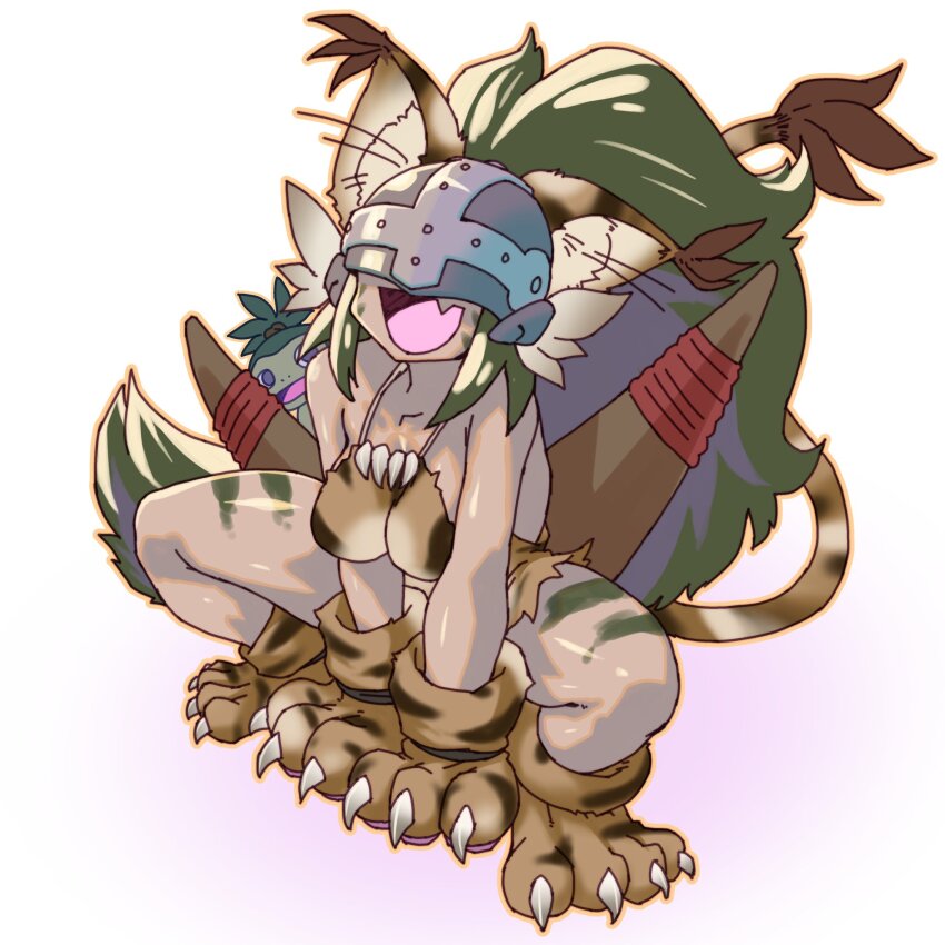 1girl angewomon breasts cat_girl cham_cham cham_cham_(cosplay) claws cosplay digimon digimon_(creature) fang gerusyu gloves happy helmet highres koemon monkey oridigi original purple_eyes samurai_spirits smile tailmon wide_hips
