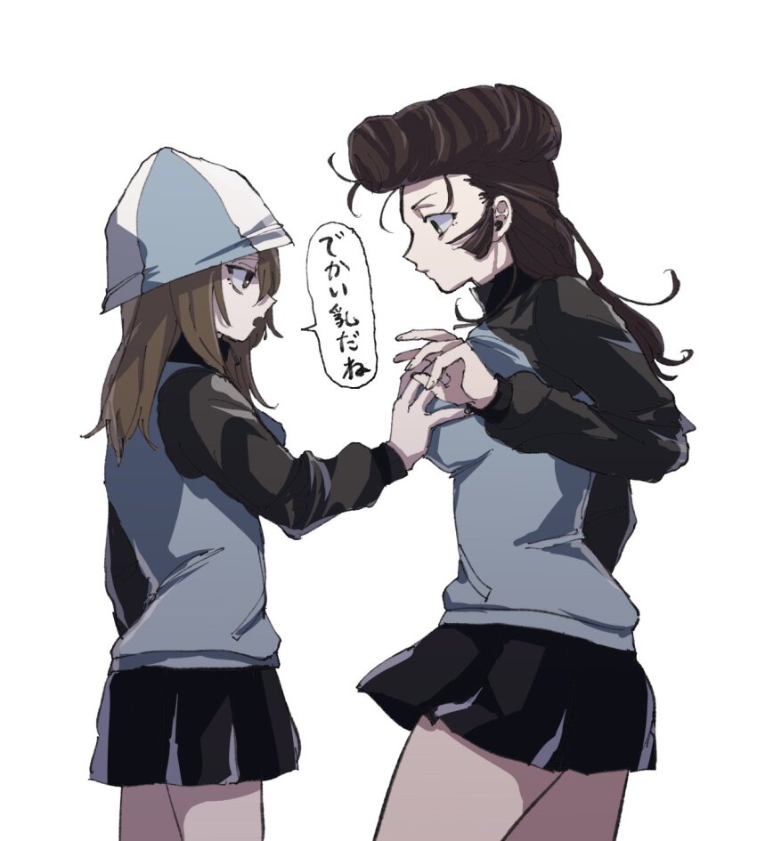 2girls black_hair black_skirt black_sleeves brown_hair eikfc8 from_side girls_und_panzer grabbing_another&#039;s_breast groping hair_between_eyes hat highres jacket long_hair mika_(girls_und_panzer) multicolored_hat multiple_girls pompadour profile simple_background skirt tulip_hat white_background yuri yuri_(girls_und_panzer)