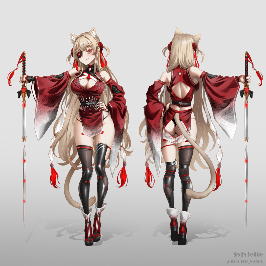 1girl absurdres animal_ears ass back bare_shoulders black_panties black_thighhighs blonde_hair blush boots breasts brown_eyes bucho_sama cat_ears cat_fantasy cat_tail cleavage detached_sleeves eyepatch hand_on_own_hip highres holding holding_sword holding_weapon long_hair looking_at_viewer multiple_views panties smile sword sylviette_(cat_fantasy) tail thighhighs underwear weapon