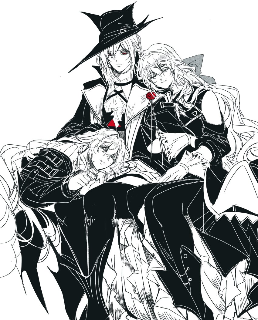 3girls absurdres arknights closed_eyes dual_persona gladiia_(arknights) gloves hat highres leaning_on_person long_hair lying_on_lap mahimeko multiple_girls red_eyes sitting specter_(arknights) specter_the_unchained_(arknights) spot_color very_long_hair white_background white_gloves white_hair