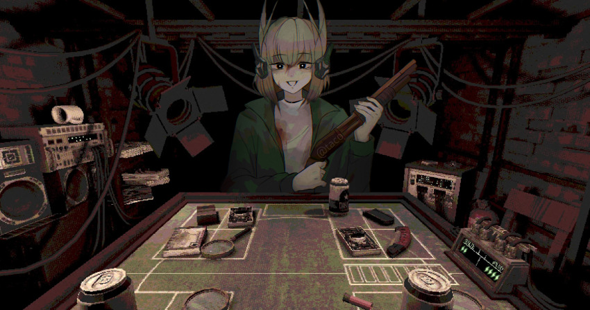 1girl blood blood_on_clothes blood_on_face buckshot_roulette can casino_card_table green_jacket gun headgear headphones holding holding_gun holding_weapon jacket liv_(pgr) magnifying_glass pump_action punishing:_gray_raven shirt solo stereo table tacowo weapon white_shirt